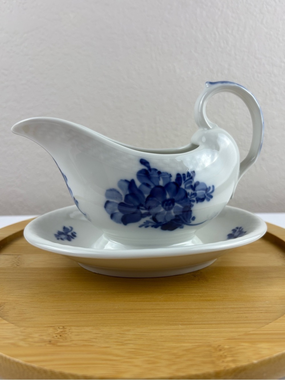 Vintage Royal Copenhagen Blue Flower Braided Sauce Boat on a Fixed Stander.